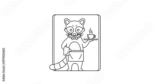 Cute Raccoon Waiter Serving Coffee with Apron and Bowtie, Outline Illustration