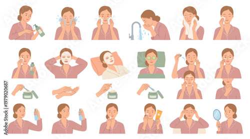 Beauty Skincare Routine Steps Flat Vector Illustrations for Personal Care Industry