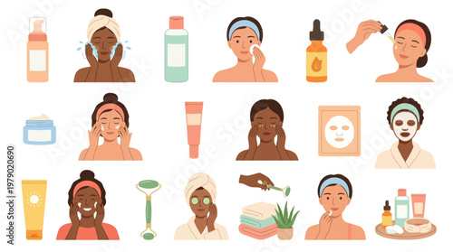 Beauty Skincare Flat Vector Illustrations of Diverse Women and Cosmetic Products