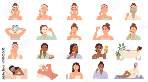 Women Skincare Routine, Self-Care  Beauty Treatments Flat Vector Illustrations Set