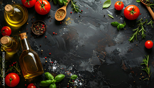 A vibrant flat lay showcases fresh ingredients for Mediterranean cuisine on a dark surface.