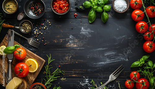 A vibrant flat lay showcases fresh ingredients arranged around a dark, rustic surface.