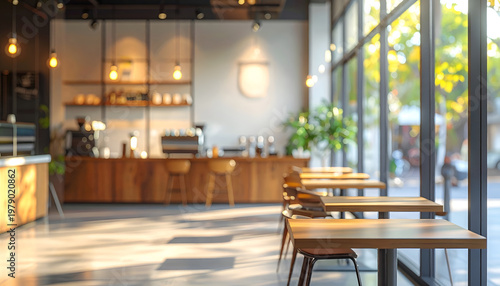 A softly lit, modern cafe interior showcases wooden tables and chairs arranged near large windows, creating a warm and inviting atmosphere.