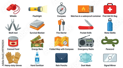 Emergency Preparedness and Outdoor Survival Gear Flat Vector Icons Set
