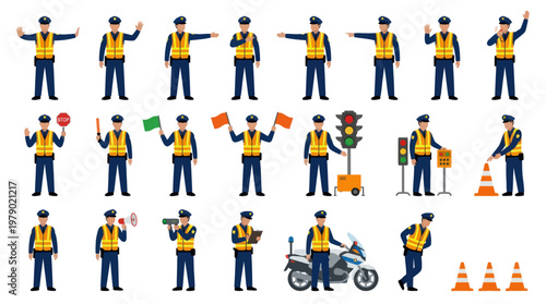 Traffic Police Officer Flat Vector Illustration Set. Law Enforcement  Public Safety Icons.