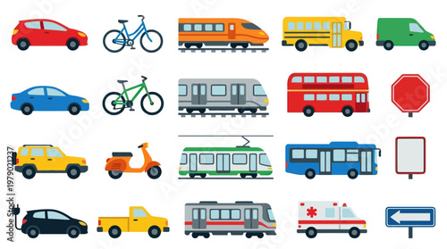 Flat Design Transportation Vehicles and Traffic Signs Vector Icons Set