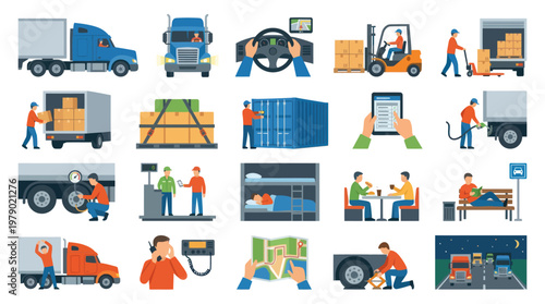 Trucking and Logistics Process Flat Vector Icon Set for Freight Delivery