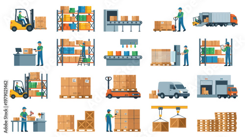 Flat Logistics and Warehouse Operations Set: Shipping, Delivery, and Supply Chain Concepts