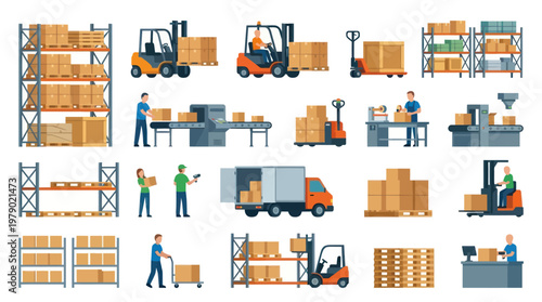 Logistics and Warehouse Operations Flat Vector Icon Set. Supply Chain Management Illustrations.