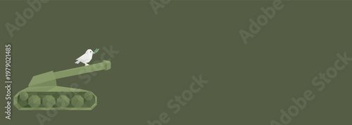 Peace dove carrying olive branch on military tank polygon shapes on green background have blank space.