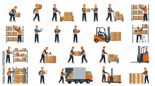 Flat Vector Logistics Warehouse Workers Icons Set: Moving Boxes, Operating Forklifts  Hand Trucks