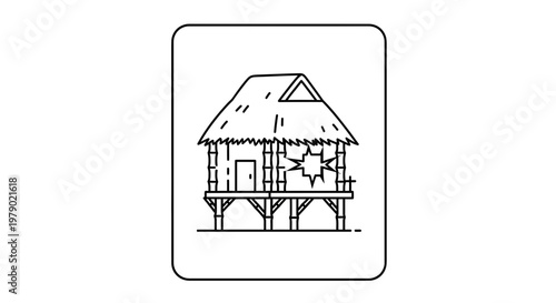 Bamboo Hut on Stilts Damaged by Storm, Tropical Island Dwelling Icon