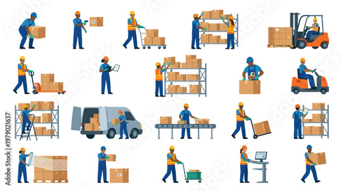 Warehouse Logistics Operations Flat Vector Illustration with Workers, Delivery, and Storage.
