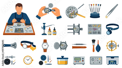 Watchmaking Tools and Equipment Flat Vector Set for Horology Repair