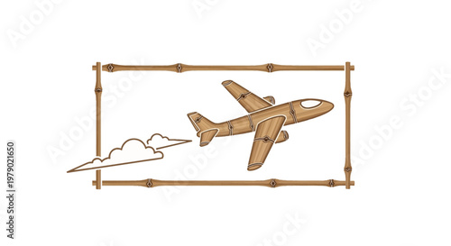 Bamboo Frame with Airplane Flying Past Clouds, Eco-Friendly Travel Concept