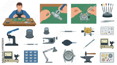 Watchmaking and Horology Tools Flat Illustration Set for Watch Repair and Craftsmanship
