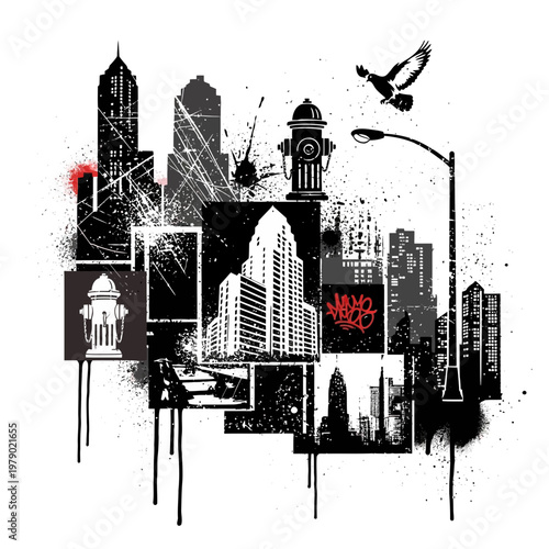 Urban grunge cityscape with graffiti elements, fire hydrant, and bird silhouette.