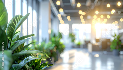 A bright and airy interior space features lush greenery and warm lighting, creating a modern and inviting atmosphere.