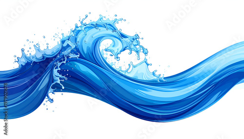 A dynamic, digitally rendered wave crashes with vibrant blue hues and sparkling droplets.