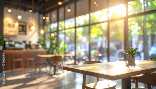 Golden light illuminates a modern cafe interior.