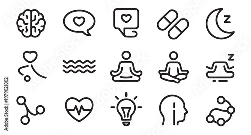 Wellness and mental health outline icon set featuring meditation brain heart and pill signs.