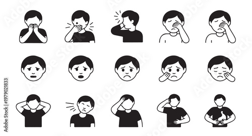 Symptoms of illness and sickness in men black and white line icons set vector illustration.