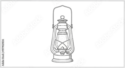 Vintage kerosene lantern, old oil lamp, retro lighting, antique hurricane lamp, black and white line art illustration