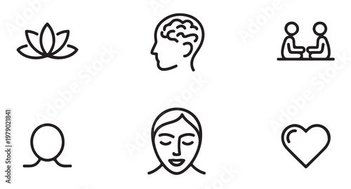 Mental health awareness and well-being black and white line icons set vector illustration.