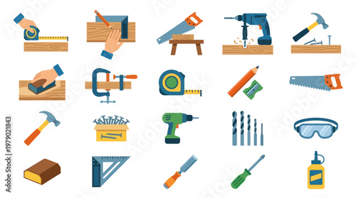 Flat Vector Carpentry Woodworking Tools Icon Set for Construction and DIY Projects