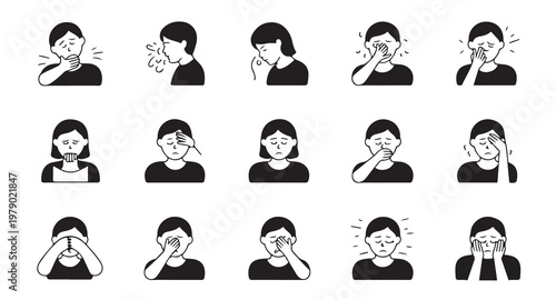 Symptoms of illness and sickness in women black and white line icons set vector illustration.
