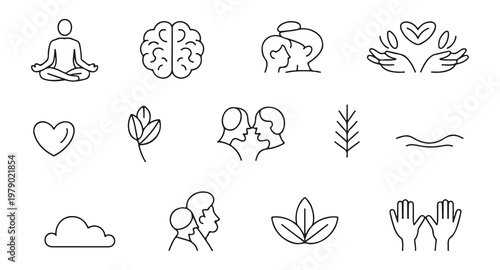 Yoga meditation brain love couple hands nature cloud and hands holding hearts symbols.