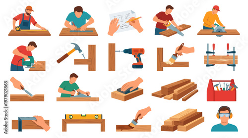 Carpentry and Woodworking Flat Vector Illustration Set with Tools and Carpenters