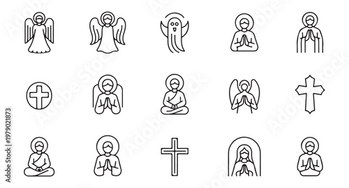 Angel ghost praying person meditating cross religious symbols and figures icons set.