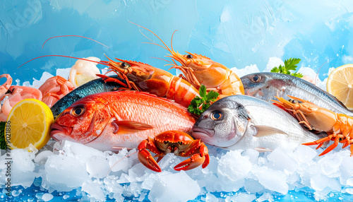 A vibrant display of fresh seafood, including fish, shrimp, crab, and scallops, is artfully arranged on a bed of ice with lemon wedges.