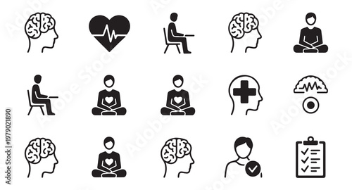 Mental health icons set including brain heart meditation and wellness therapy symbols vector.