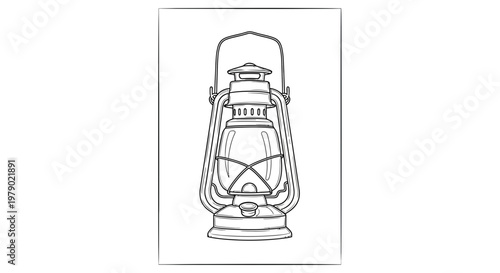 Vintage Oil Lantern Drawing, Retro Kerosene Lamp Sketch, Old Fashioned Light Source