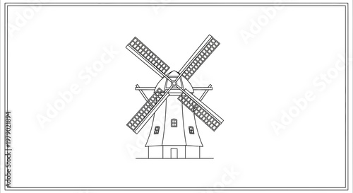 Vintage Windmill Drawing: Classic Rural Architecture with Rotating Blades