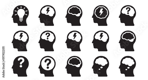 Mental health and cognitive function icons set with human head profiles and thinking symbols.