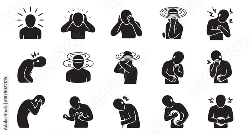 Human body pain and sickness symptoms icons with black silhouettes of people in various poses.