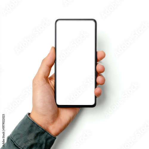 Person's hand holding a black smartphone with a blank white screen