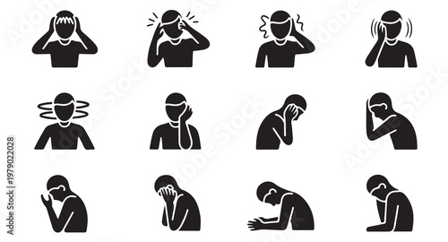 Set of icons with people suffering from headache, dizziness, and other painful sensations.