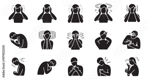 Collection of vector icons illustrating various types of pain and discomfort in human body.