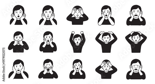Woman face palm shock horror fear surprise distress expressions icons vector set.
