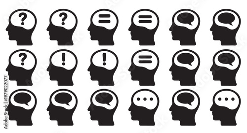 Human head thinking process icons question exclamation equal sign speech bubble.