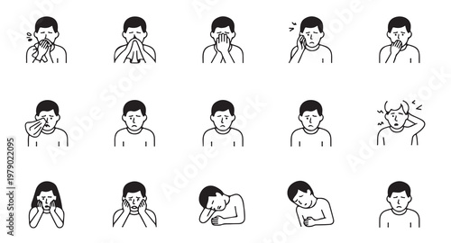 Sick people coughing sneezing fever pain icons illustration vector set.
