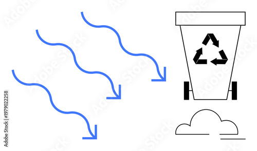 Environmental awareness, waste management, sustainability, recycling, pollution reduction, eco-friendly practices. Recycling bin with arrows and cloud. Recycling and pollution reduction concept