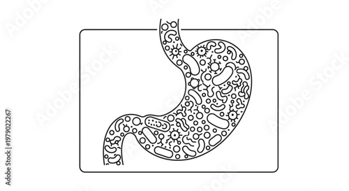 Stomach Microbes: Line Art Illustration of Bacteria and Viruses in Human Digestive System