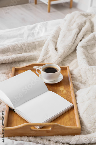 Tray with cup of coffee and...