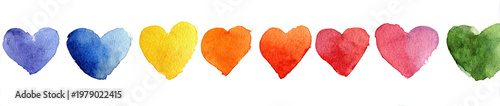 A rainbow of watercolor hearts, painted in a line against a white background