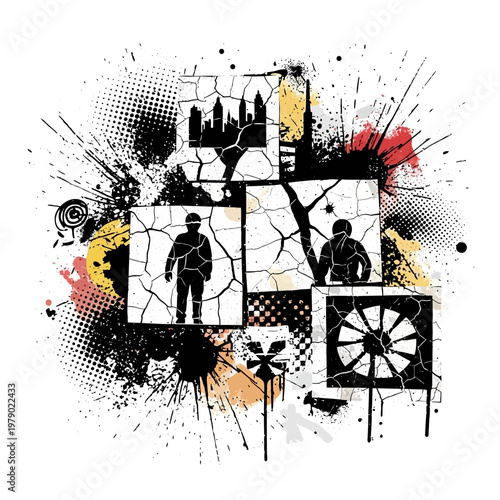 Urban decay grunge art with cracked textures, silhouettes, and abstract splatters.